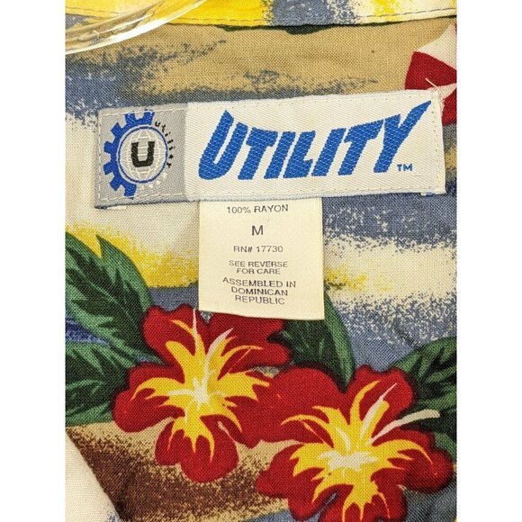 Vintage 90s Utility Hawaiian Shirt Mens Medium Beach Palm Tree Tropical Floral - Picture 5 of 6